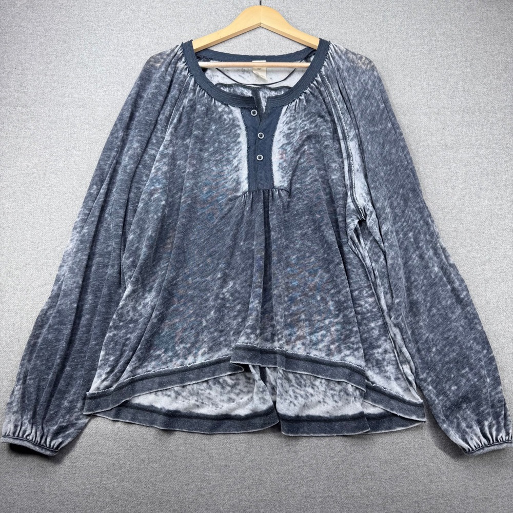 WE THE FREE Acadia Henley Top Sz Small Gray Tie Dye Bubble Sleeve Flowy Oversize